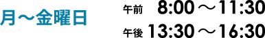 月～金曜日　午前8:00～11:30　午後13:30～16:30