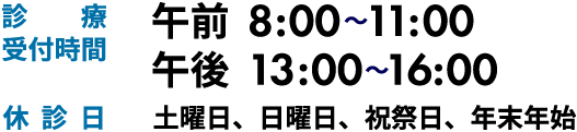 診療受付時間 午前8:00～11:00 午後13:00～16:00　休診日 土曜日、日曜日、祝祭日