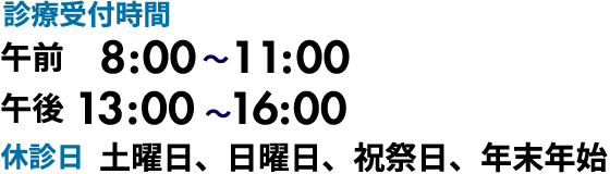 診療受付時間 午前8：30～11：00/午後13：00～16：00　休診日 土曜日、日曜日、祝祭日、年末年始