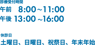 診療受付時間 午前8:30～11:00 午後13:00～16:00　休診日 土曜日、日曜日、祝祭日、年来年始