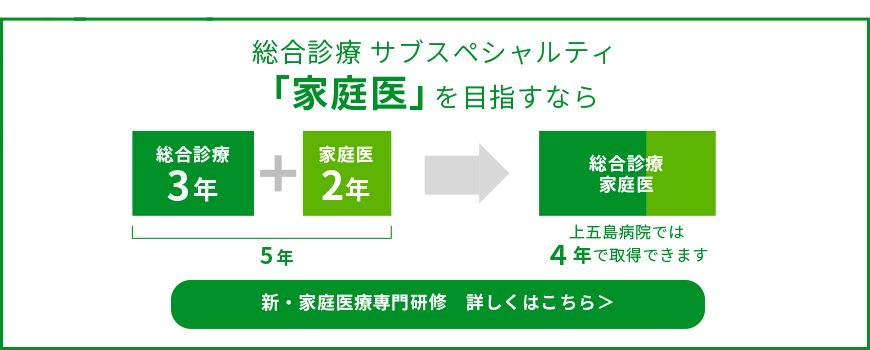 総合診療 サブスペシャルティ「家庭医」を目指すなら　総合診療3年 + 家庭医2年 ＝ 5年　→　総合診療家庭医　上五島病院では4年で取得できます