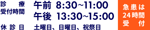 診療受付時間 午前8:30～11:00 午後13:30～15:00　休診日 土曜日、日曜日、祝祭日　急患は24時間受付